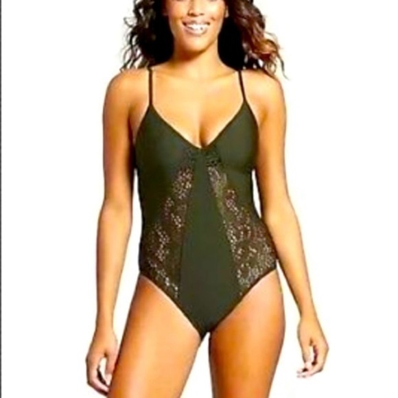NWT Mossimo Olive Green One Piece Swimsuit Size Small Lace Accents Padded - Picture 1 of 8